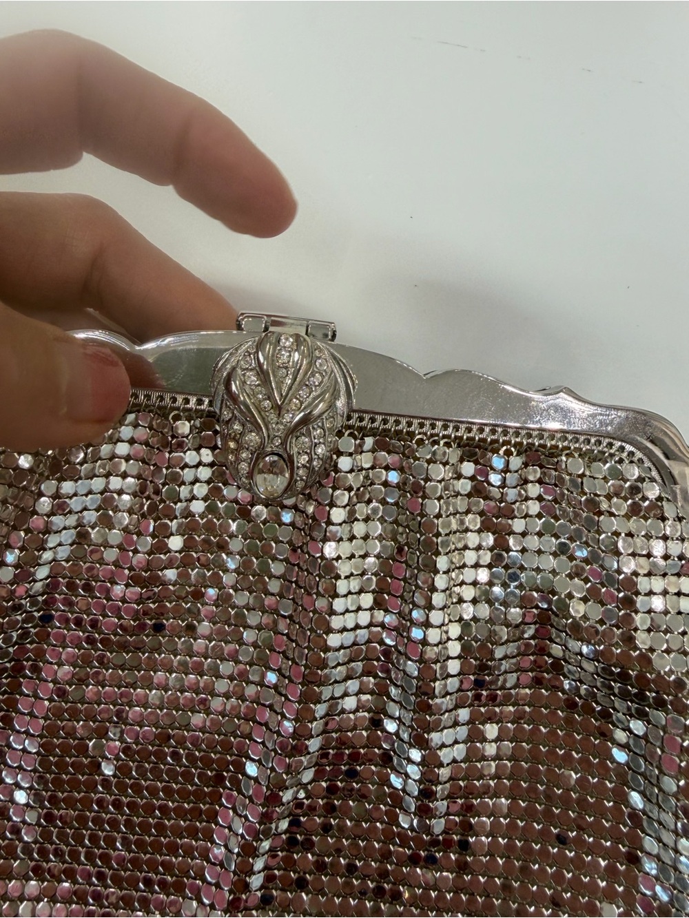 Vintage Whiting & Davis Silver Mesh Evening Bag Art Deco Rhinestone Clasp USA - Picture 9 of 12